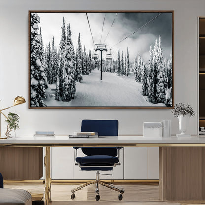Canvas of a snowy ski lift scene through a forest of tall pine trees, ideal for moody winter or alpine-themed home decor.