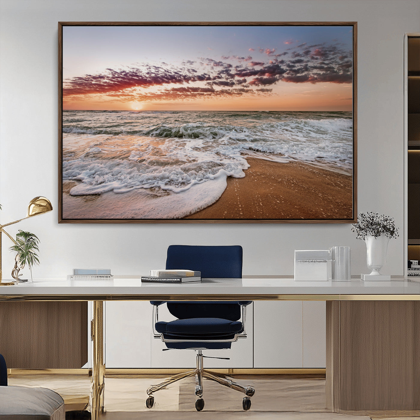 Canvas of a sunset over a foamy ocean shore with warm light and gentle waves, ideal for coastal or beach-themed home decor.