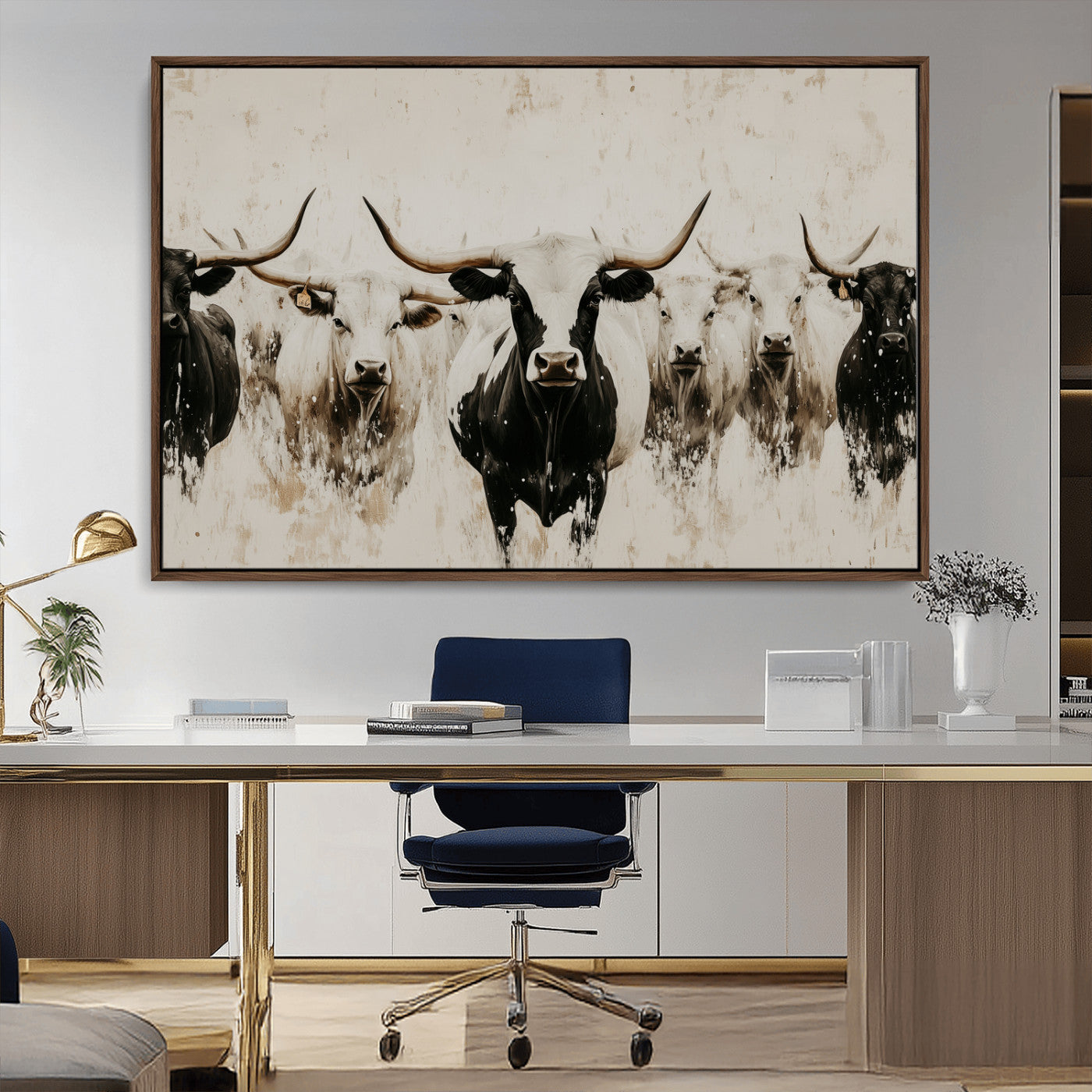 Illustrated herd of longhorn cattle in black and white tones with a neutral textured background, perfect for rustic or farmhouse-style decor.