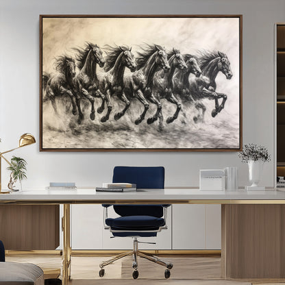 Monochrome drawing of a herd of galloping horses, perfect for dynamic and wild-themed decor in any equestrian or nature-inspired room.