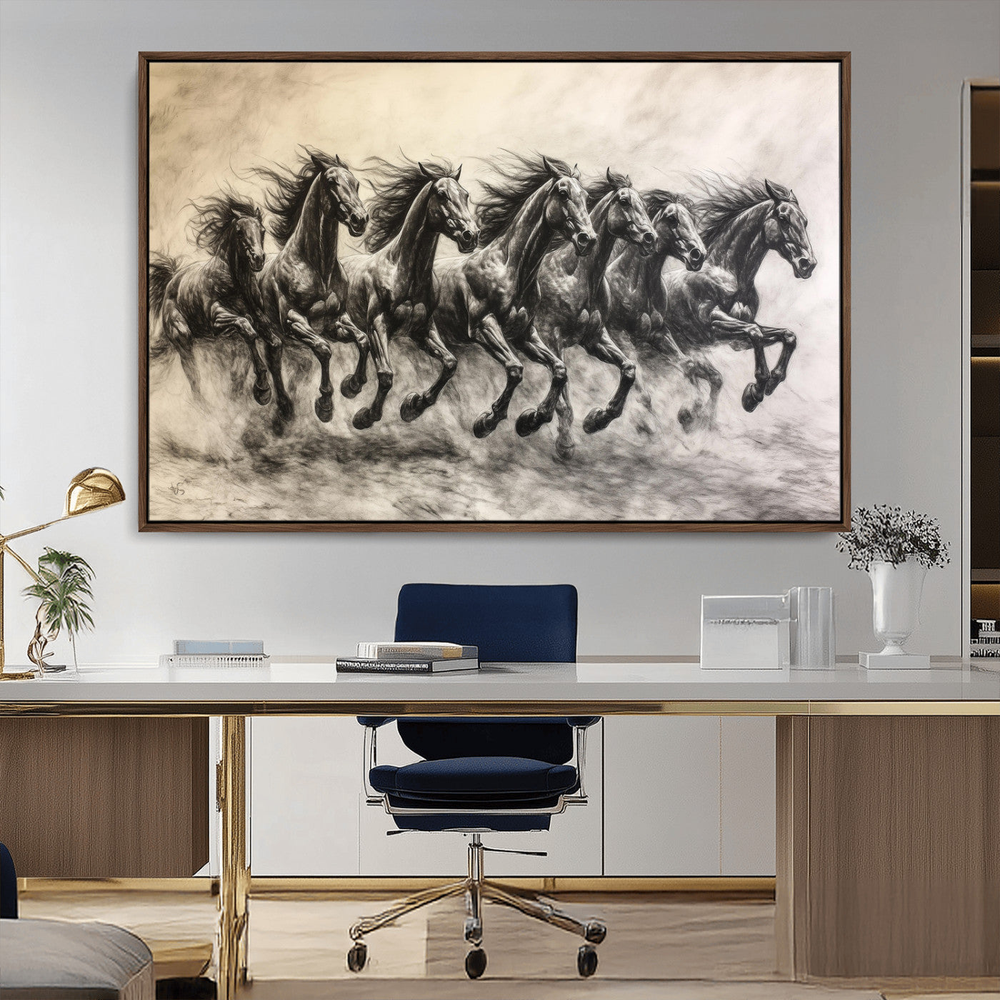 Monochrome drawing of a herd of galloping horses, perfect for dynamic and wild-themed decor in any equestrian or nature-inspired room.