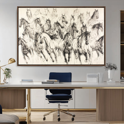 Monochrome ink sketch of galloping horses in dynamic motion, perfect for western or equine-themed wall decor with bold artistic energy.