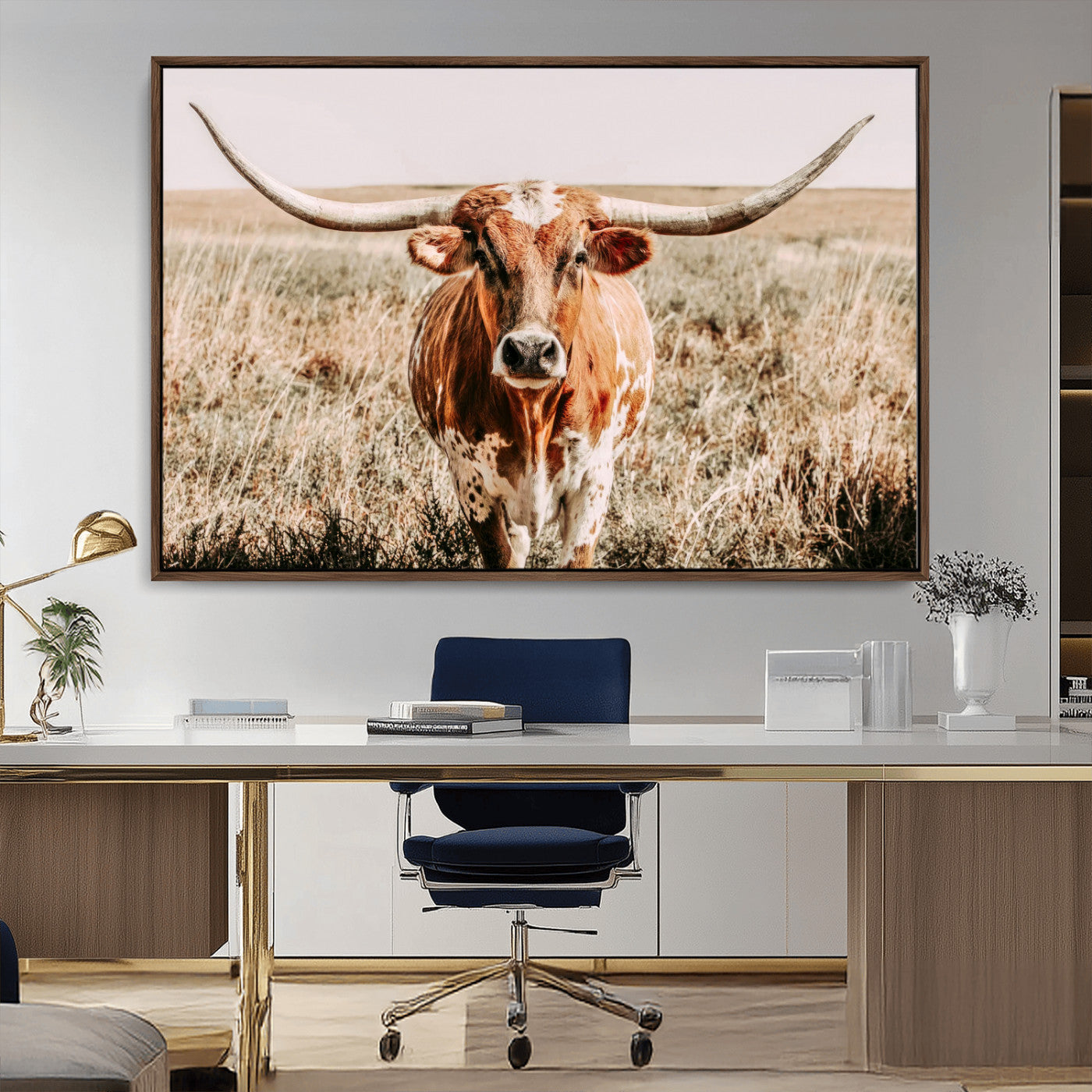 Framed longhorn cow canvas wall art with rustic prairie background, western animal print perfect for farmhouse or ranch style decor