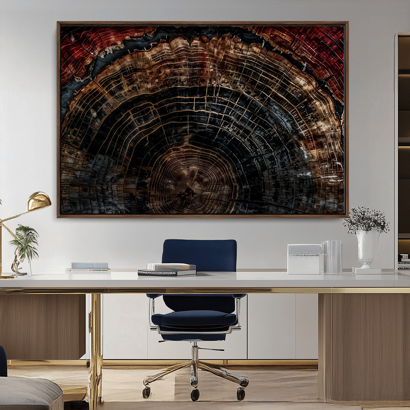 Dark Wood Wall Art Print - Petrified Tree Canvas Print, featuring an intricate tree ring pattern with deep earthy tones and organic textures, perfect for rustic and nature-inspired decor.