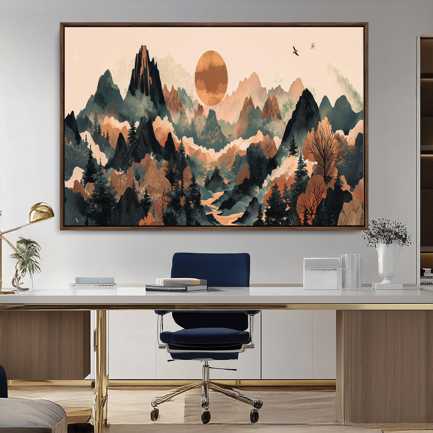 Mountain Landscape Wall Art Print - Sunset Hills Canvas Print, featuring an abstract nature scene with earthy tones and misty peaks, perfect for boho and modern decor.