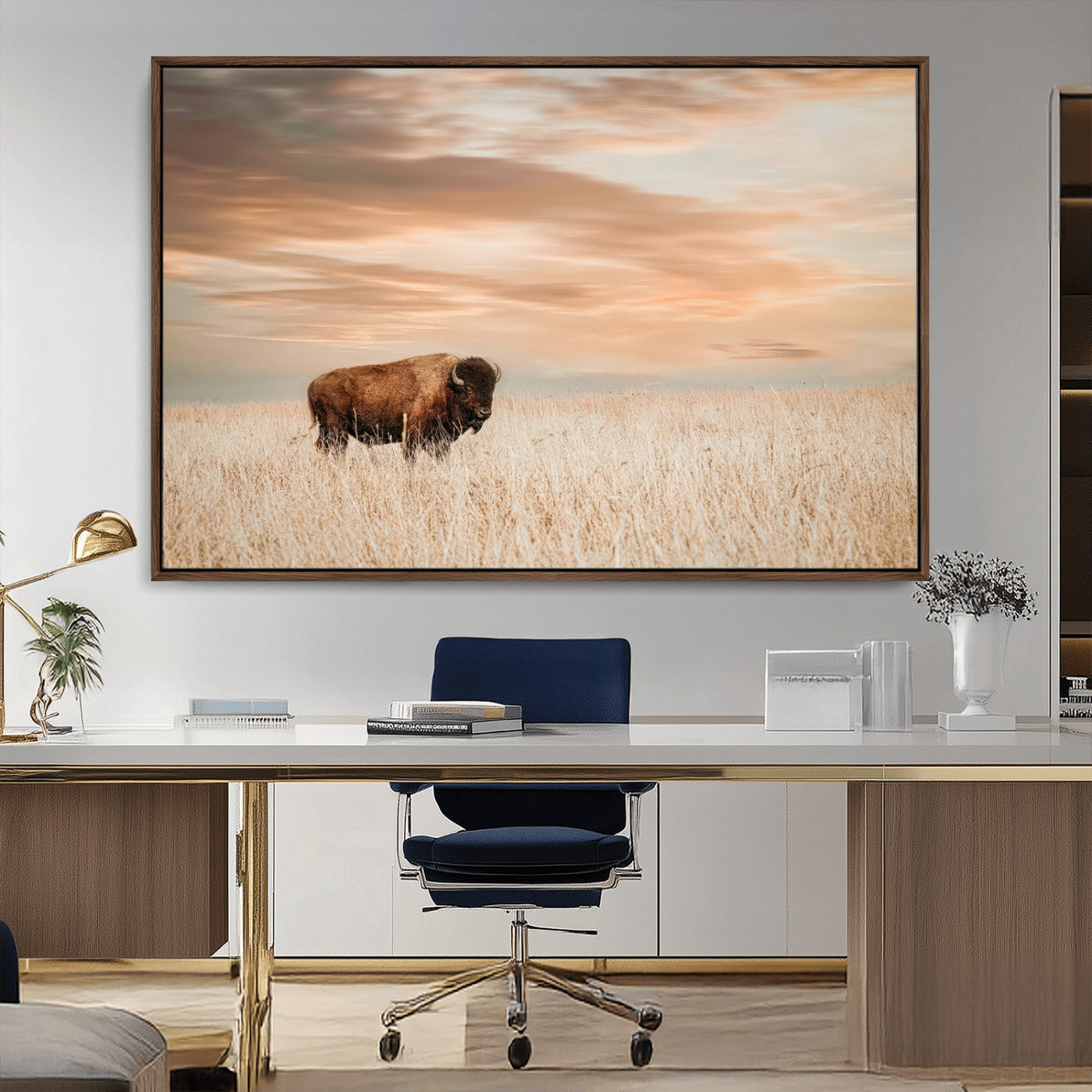 Bison Wall Art Print - Buffalo Canvas Print, featuring a lone bison in a golden prairie under a warm sunset sky, perfect for rustic and farmhouse decor.