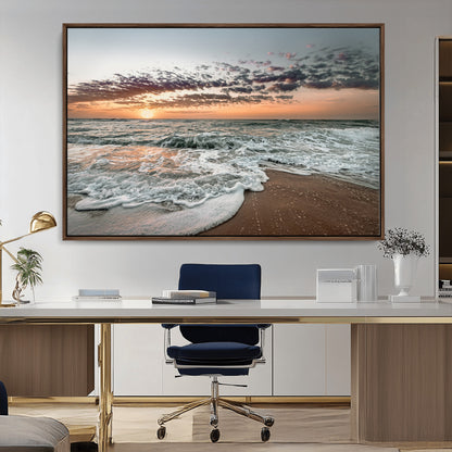 Ocean Sunset Wall Art Print - Beach Waves Canvas Print, featuring a serene seascape with golden sunlight reflecting on gentle waves, perfect for coastal and minimalist decor.