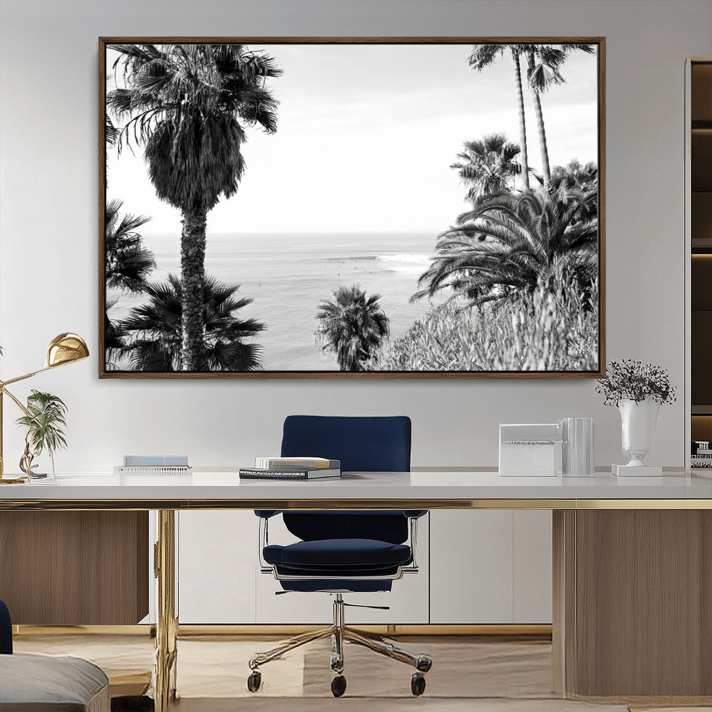 Monochrome canvas of palm trees framing a coastal surf scene, perfect for California-inspired or retro black-and-white beach decor.
