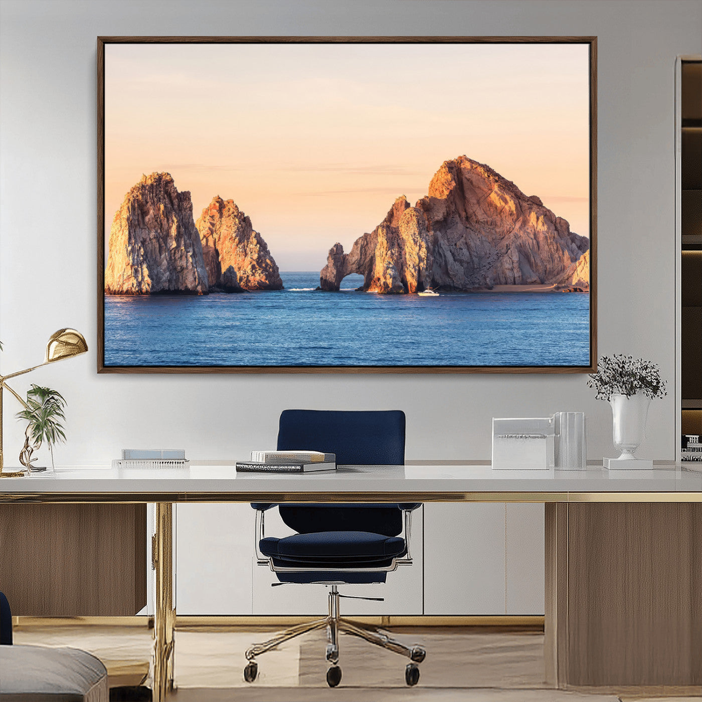 Framed canvas of El Arco rock formation in Cabo San Lucas at golden hour, ideal for coastal landmark or ocean-inspired decor.