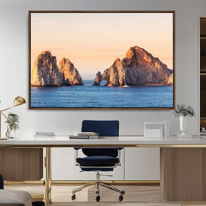 Framed canvas of El Arco rock formation in Cabo San Lucas at golden hour, ideal for coastal landmark or ocean-inspired decor.