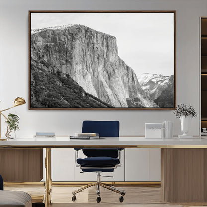 Monochrome canvas of El Capitan’s granite wall in Yosemite with snowy peaks, ideal for dramatic mountain or black-and-white nature decor.