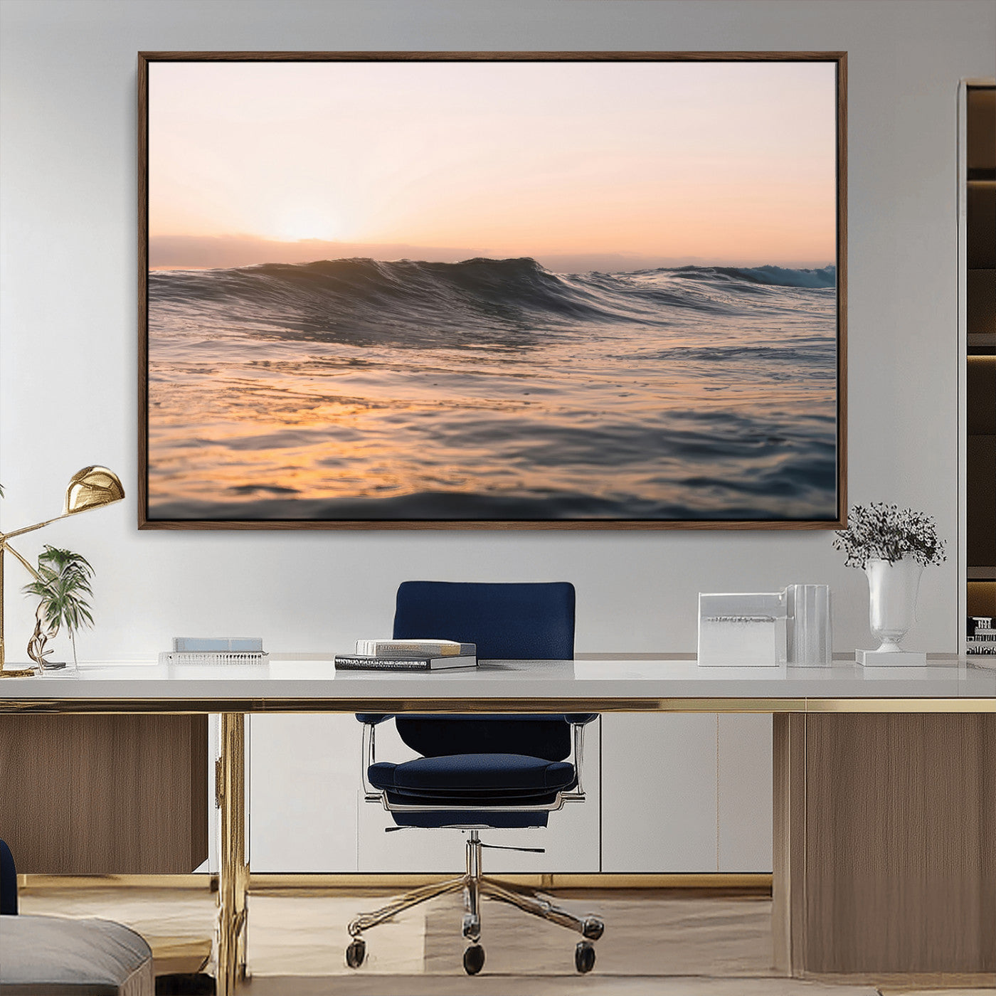 Framed canvas of ocean waves glowing in sunset light, ideal for golden hour calm or peaceful coastal-inspired wall decor.