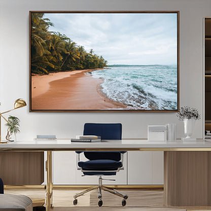 Framed canvas of a tropical beach with palm trees and soft waves, ideal for coastal escape or serene nature-inspired home decor.