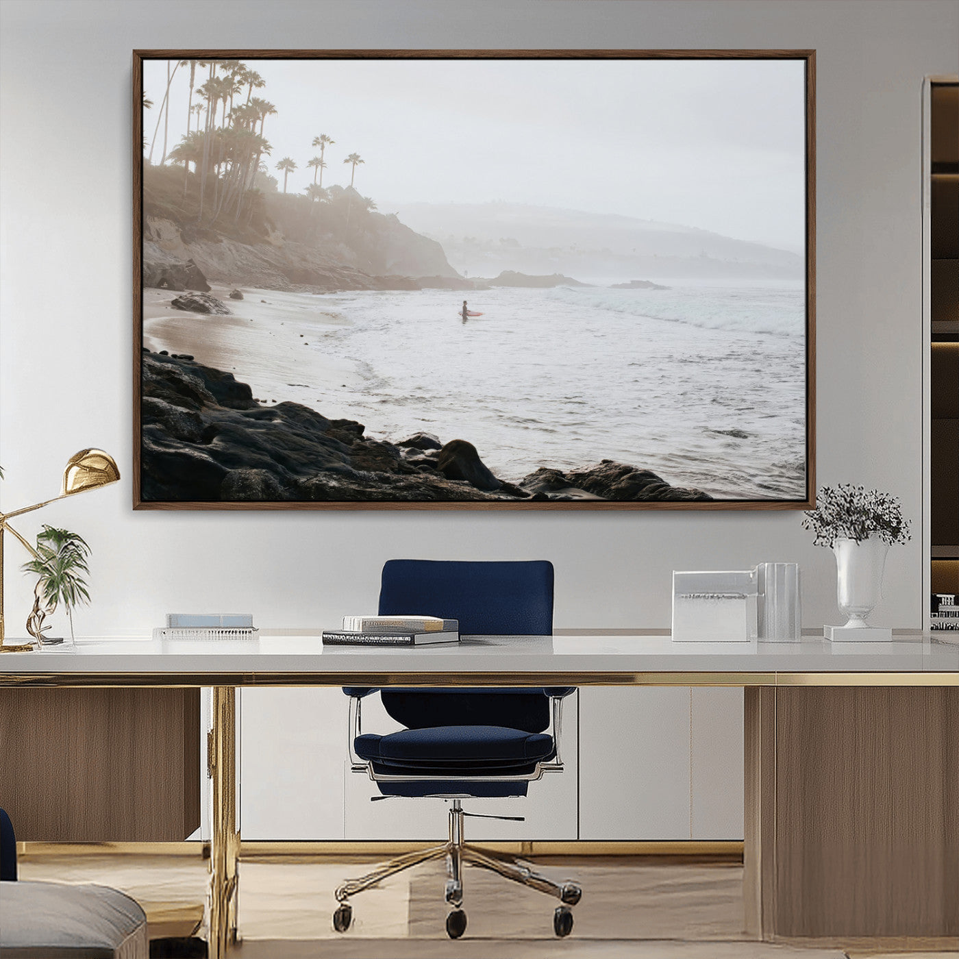 Framed canvas of a surfer in misty coastal tones at a foggy California beach, ideal for minimalist coastal beach or serene ocean-themed decor.