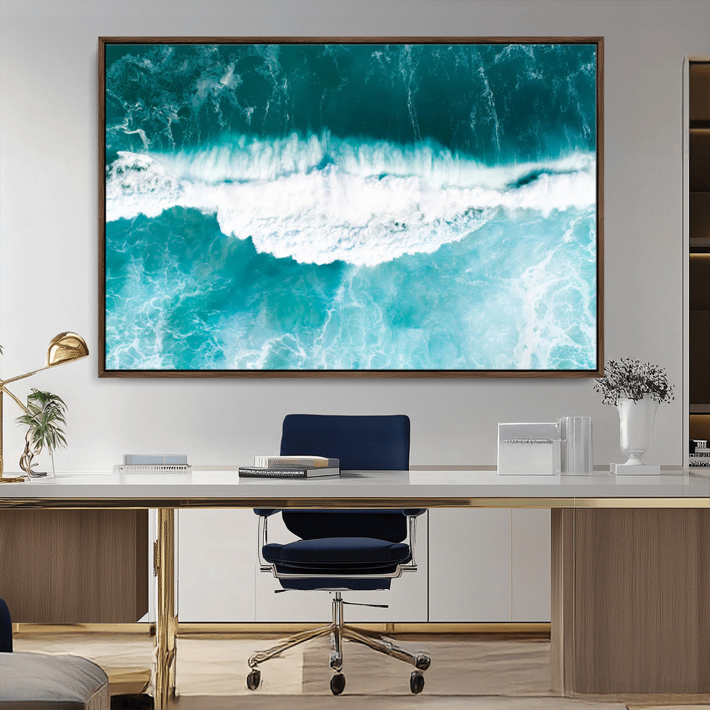 Aerial view of turquoise ocean waves crashing with white foam, perfect for tropical coastal or modern beach-style home decor.