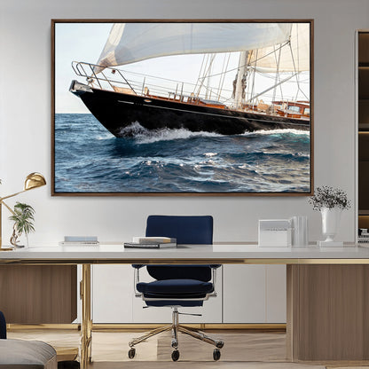Close-up of a classic sailing yacht with wooden deck and full sails, perfect for nautical or coastal-style decor in ocean-themed spaces.