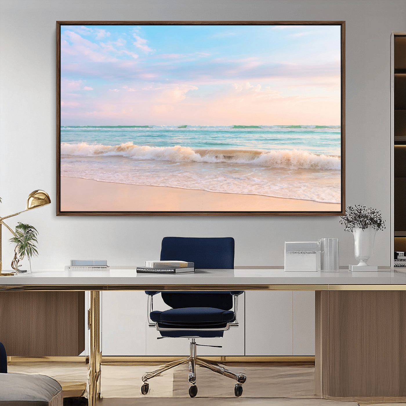 Pastel-toned ocean waves under soft sunset skies, ideal for pastel coastal or serene beach-style home decor.