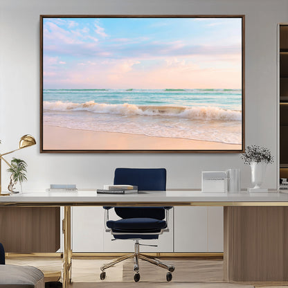Pastel-toned ocean waves under soft sunset skies, ideal for pastel coastal or serene beach-style home decor.