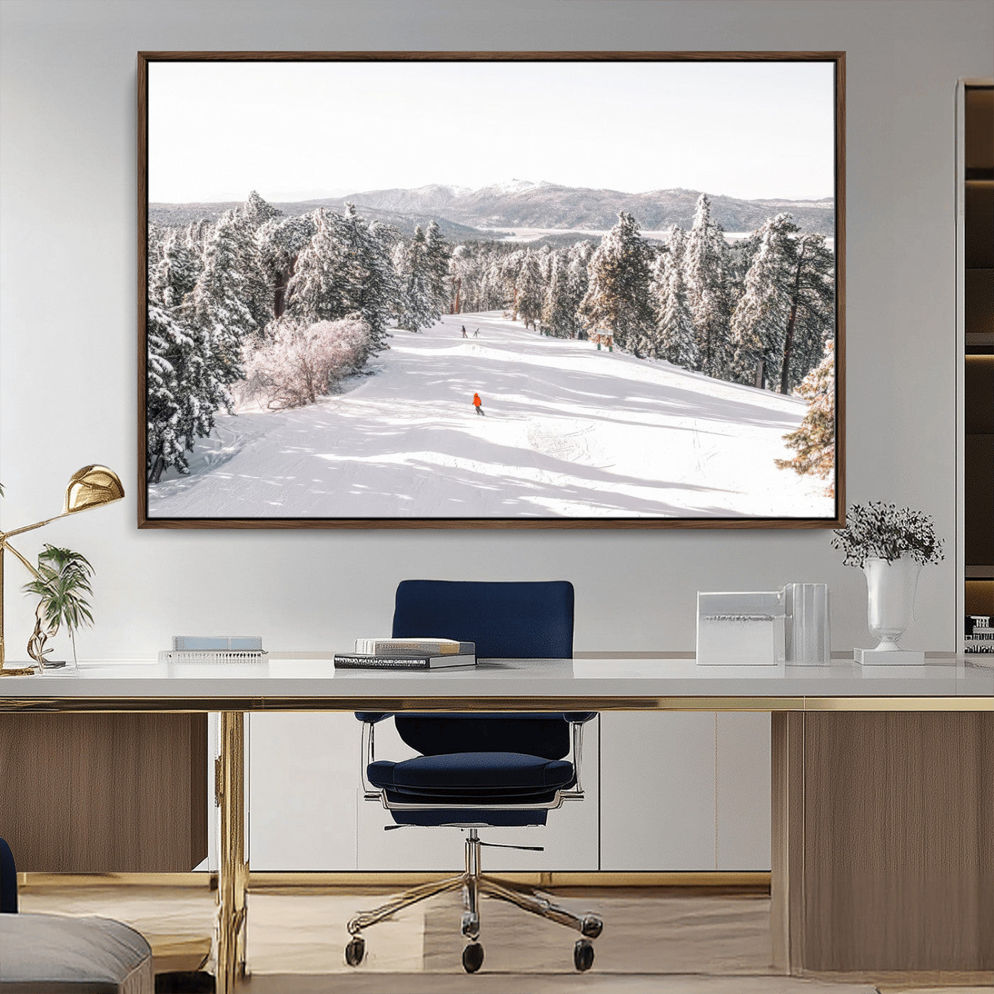 Bright ski trail lined with snow-covered pines and a skier in orange, perfect for alpine adventure or winter sports-inspired decor.