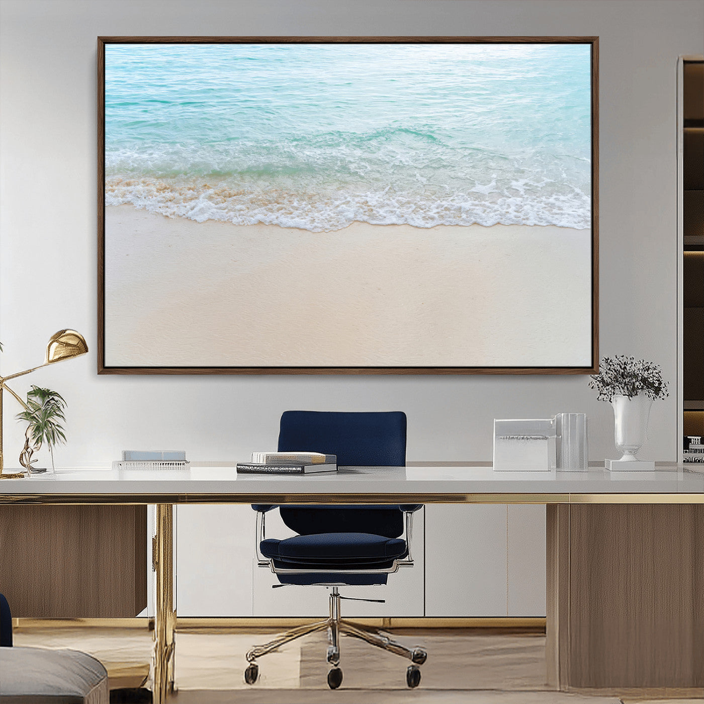 Soft shoreline with gentle aqua waves on smooth sand, ideal for minimalist coastal or pastel ocean-inspired home wall decor.