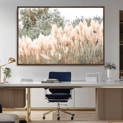 Soft pastel pampas grasses in a natural setting, ideal for neutral boho or rustic botanical-style interior wall decoration.