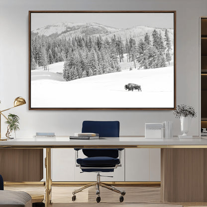 Snowy bison walking through white forest landscape, ideal for monochrome winter or wilderness-style interior wall decoration.