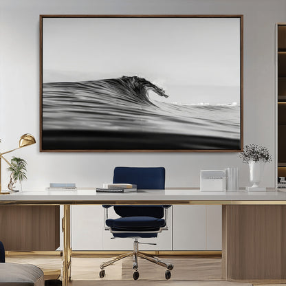 Striking black and white photo of a curling wave, ideal for modern coastal or minimalist wall decor settings.