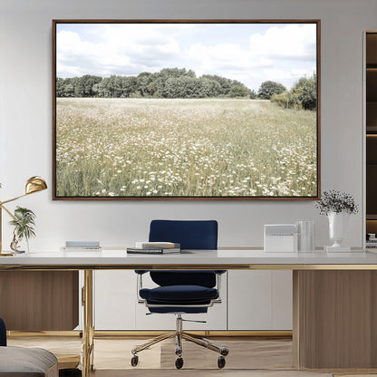 Soft-toned image of a wild daisy field under a cloudy sky, ideal for neutral or Scandinavian-inspired home decor.