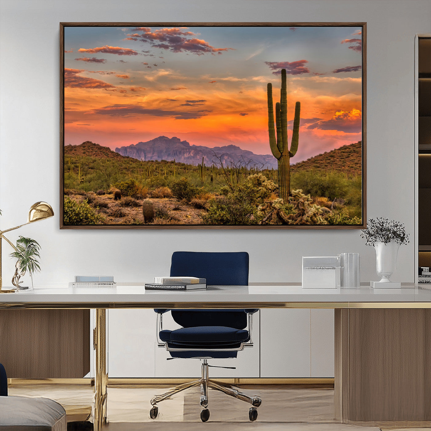 Vibrant desert sunset with saguaro cacti and distant mountains, perfect for Southwestern or warm-toned home decor.