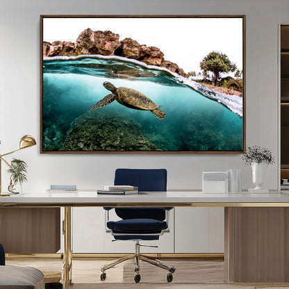 Dynamic split-view photo of a sea turtle swimming near rocky shores, perfect for vibrant coastal or tropical beach home decor.