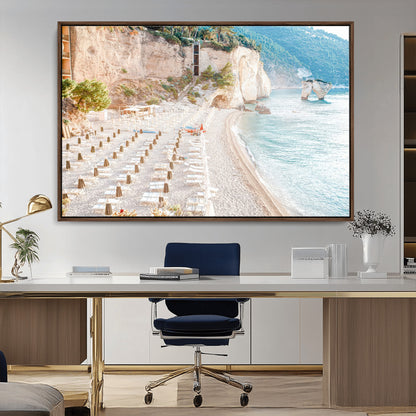 Wall art of a calm Mediterranean beach with rows of sun loungers and umbrellas in soft pastel tones, perfect for light coastal or vacation-themed decor.