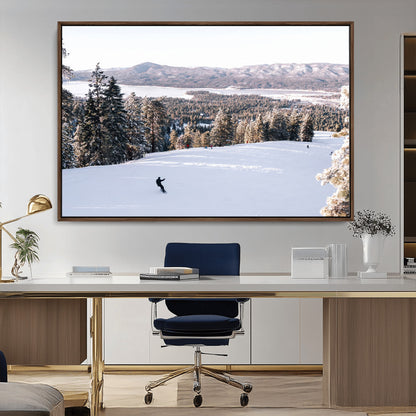 Canvas of a snowy mountain ski slope with pine trees and bright winter light, ideal for modern rustic or alpine-inspired home decor.