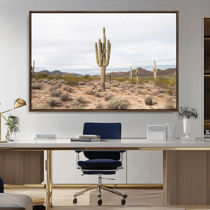 Canvas of a saguaro cactus in an earthy Sonoran desert landscape, ideal for Southwestern Boho or desert minimalism inspired home decor.   2/2