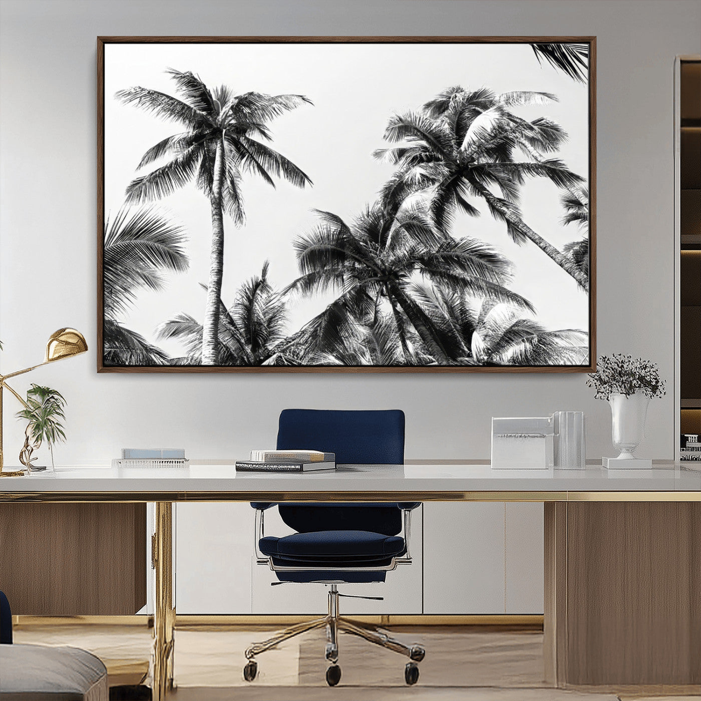 Black and white canvas of tall palm trees in moody tones, perfect for modern tropical minimalist or coastal-style home decor.