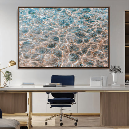 Close-up of sunlit ocean ripples with aqua blue and golden tones, ideal for modern coastal or minimalist home decor.