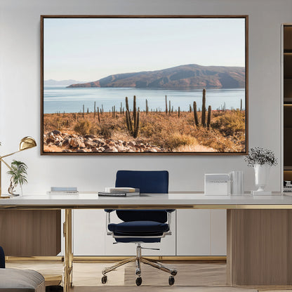 Warm desert landscape with cacti and coastal mountains, perfect for southwestern or earthy calm-themed home wall decor.