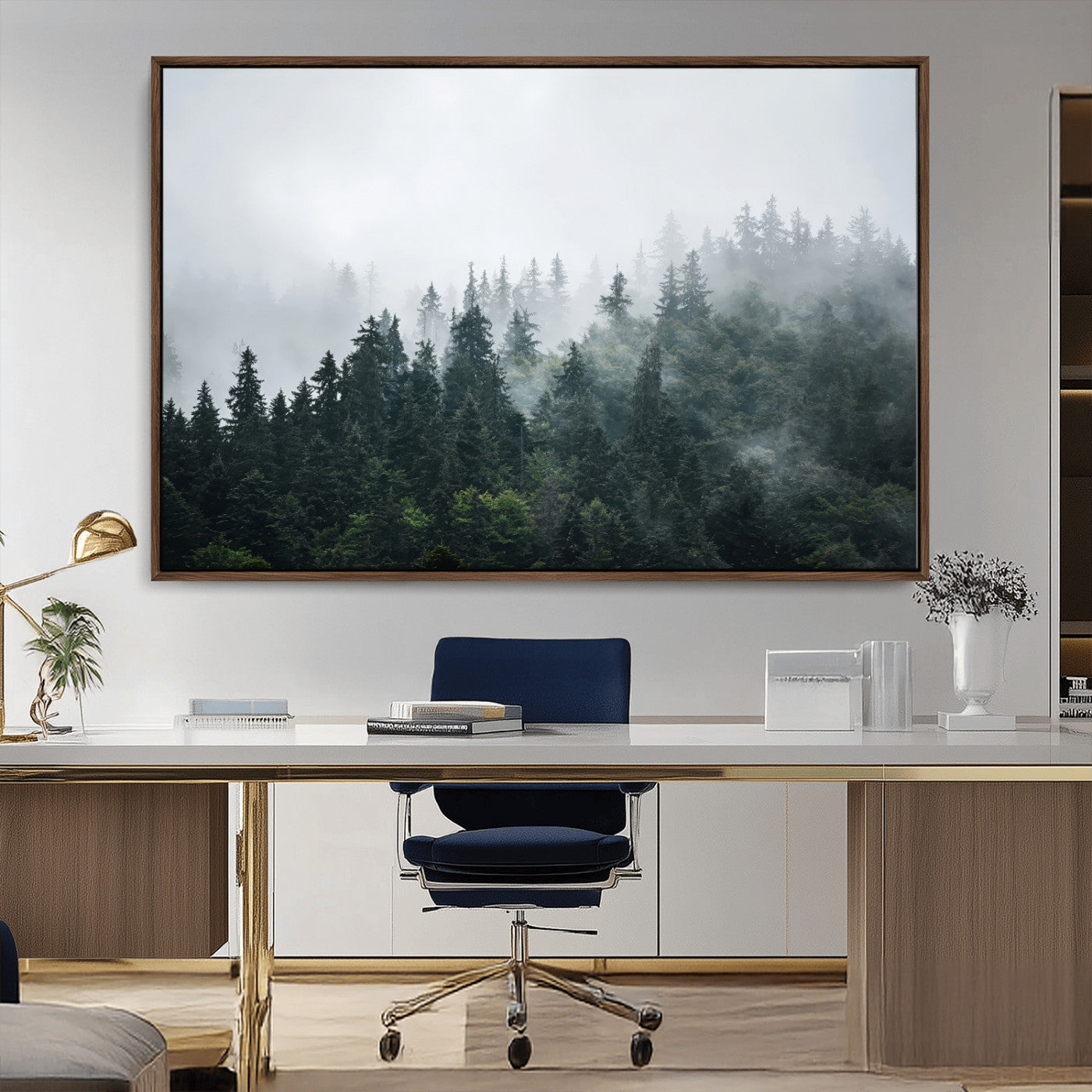 A misty evergreen forest shrouded in soft fog, creating a tranquil and moody landscape with lush green trees fading into the distance.