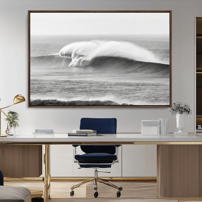 A dramatic black and white ocean wave crashing with immense force, capturing the raw power and movement of the sea in a bold seascape.