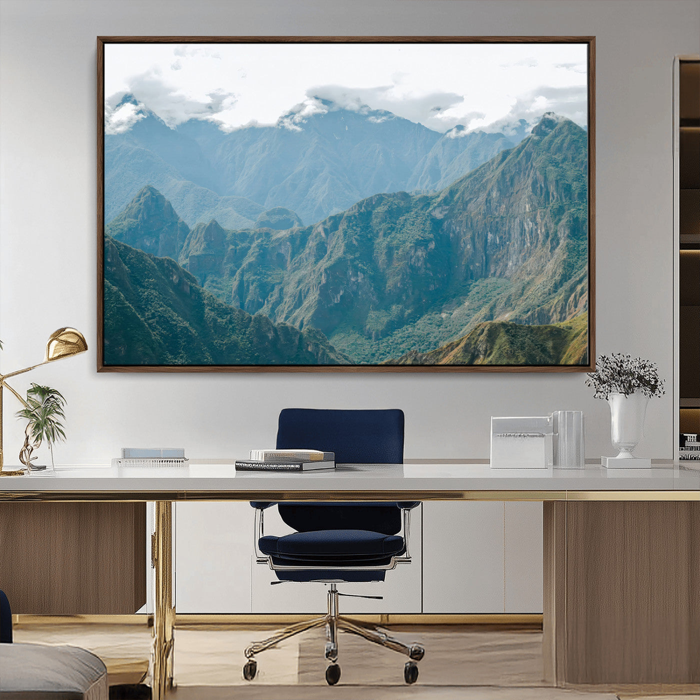 A misty mountain landscape with cloud-covered Andean peaks and lush green valleys, creating a dramatic and serene view, perfect for rustic or nature-inspired home decor.