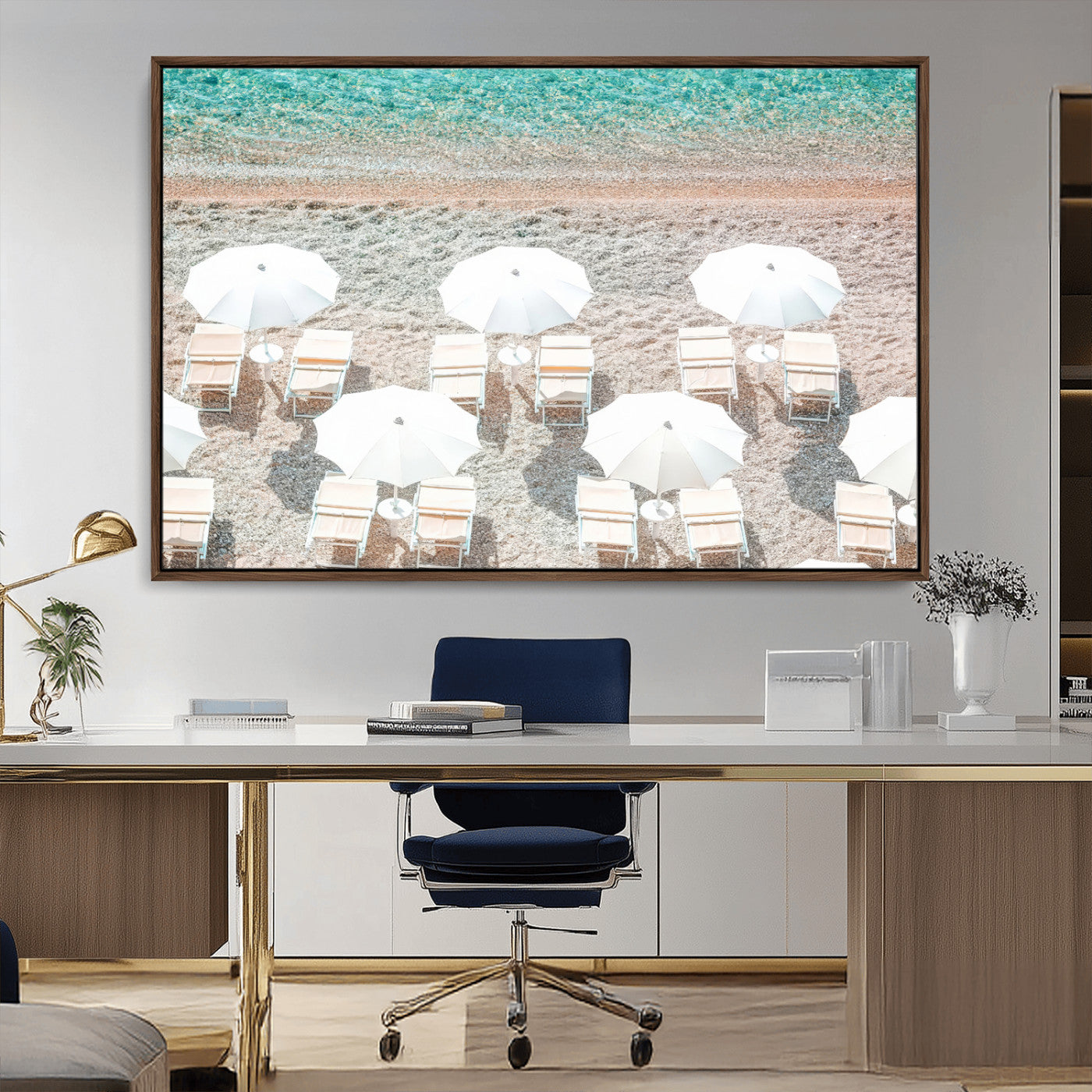 A bright beach scene with white umbrellas, pastel sand, and turquoise waters, creating a tranquil coastal vibe, perfect for beach house or summer decor.