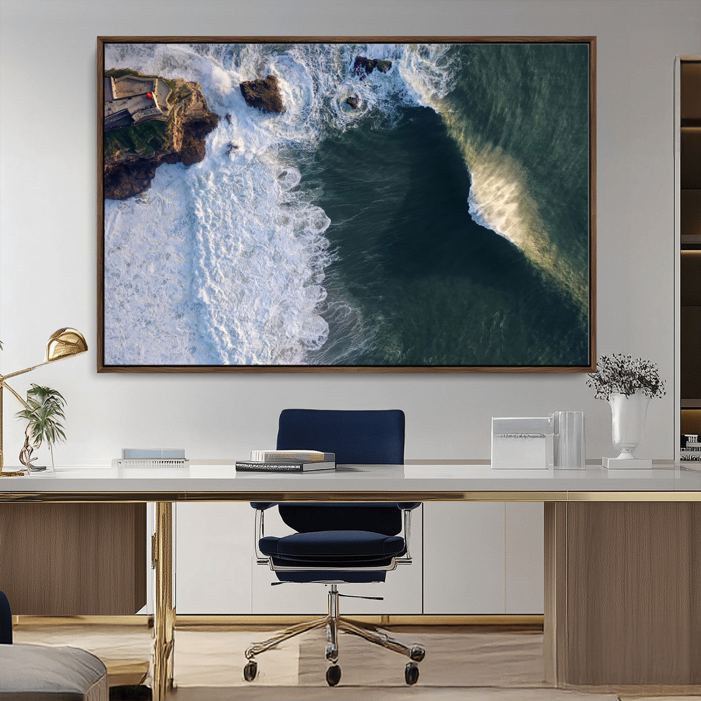 Canvas showing an aerial view of crashing waves along the Nazaré coastline, perfect for dramatic coastal or ocean-themed home decor.