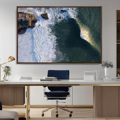 Canvas showing an aerial view of crashing waves along the Nazaré coastline, perfect for dramatic coastal or ocean-themed home decor.