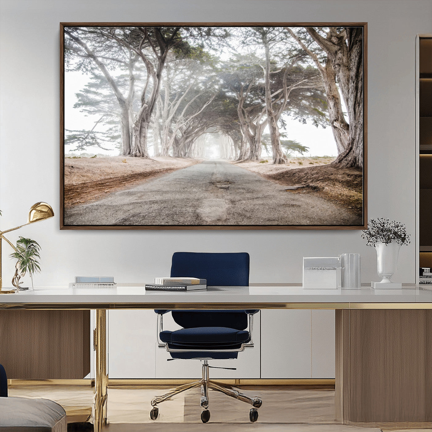 Canvas of a misty tree tunnel with arching cypress trees and an earthy road, ideal for rustic or coastal nature decor.
