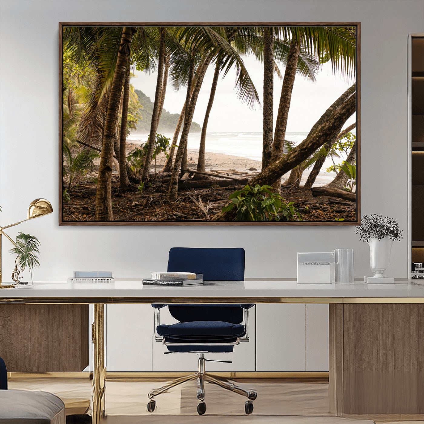 Dense tropical palm trees framing a sandy beach and ocean shore, ideal for jungle or coastal themed interior wall decor.