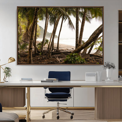 Dense tropical palm trees framing a sandy beach and ocean shore, ideal for jungle or coastal themed interior wall decor.
