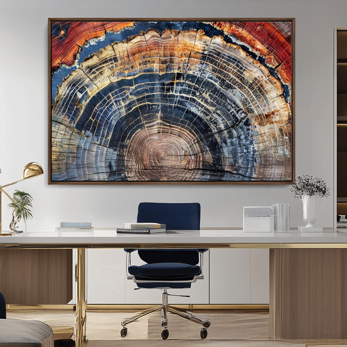 Vibrant tree ring with orange, brown, and blue tones in abstract detail, perfect for rustic or boho-inspired wall decor.