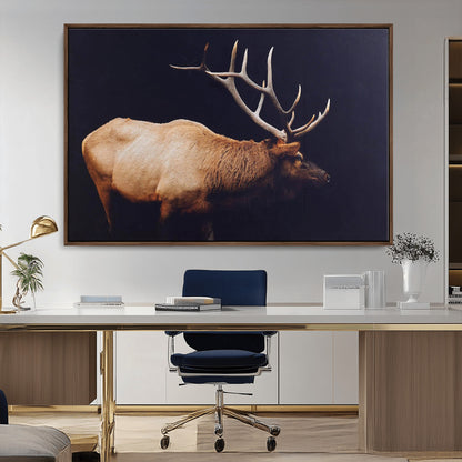 Side view of a majestic elk with large antlers against dark background, perfect for rustic lodge or cabin style home decoration.