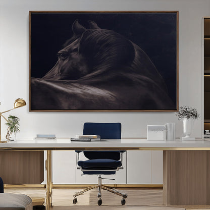 Close-up of a black horse with dramatic lighting on a dark background, perfect for rustic or masculine home decor.