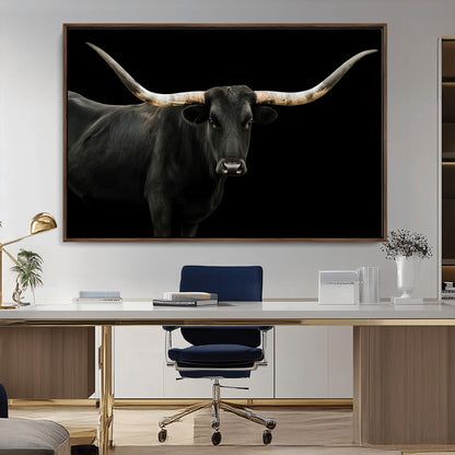 Close-up of a black Texas longhorn with large curved horns on black background, ideal for rustic farmhouse or modern western interiors.