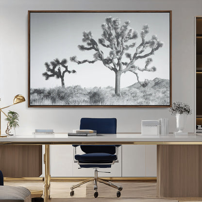 Black and white Joshua tree in a desert landscape with soft light and dry brush, perfect for rustic or minimalist home decor.